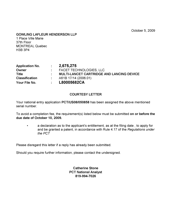 Canadian Patent Document 2675275. Correspondence 20081205. Image 1 of 1