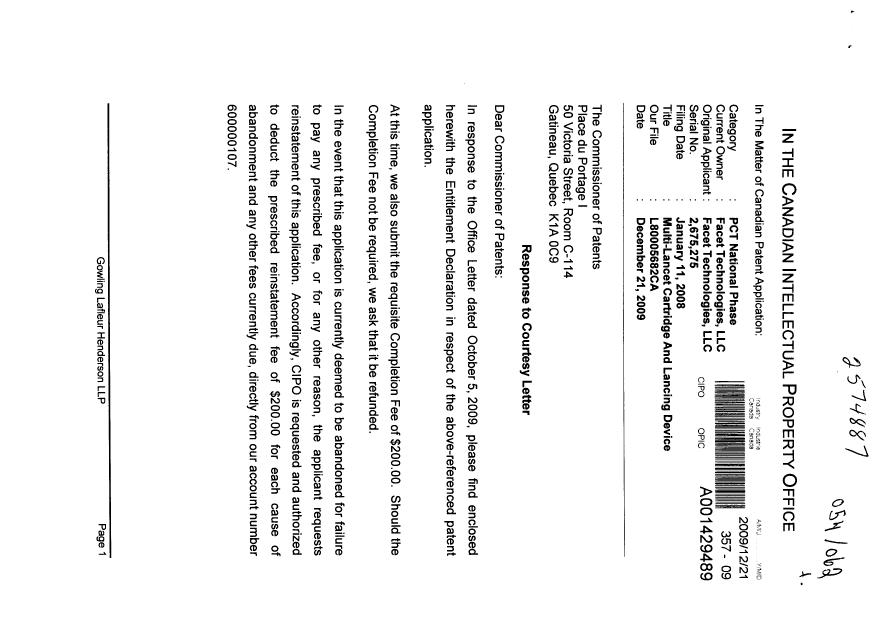 Document de brevet canadien 2675275. Correspondance 20081221. Image 1 de 4