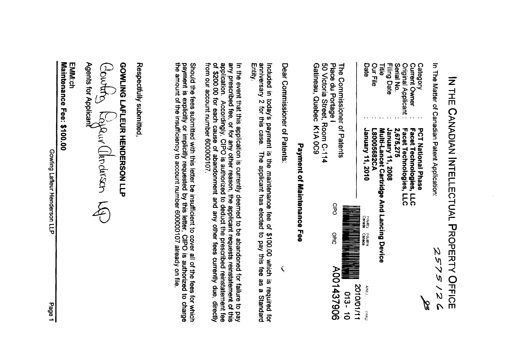 Canadian Patent Document 2675275. Fees 20091211. Image 1 of 1