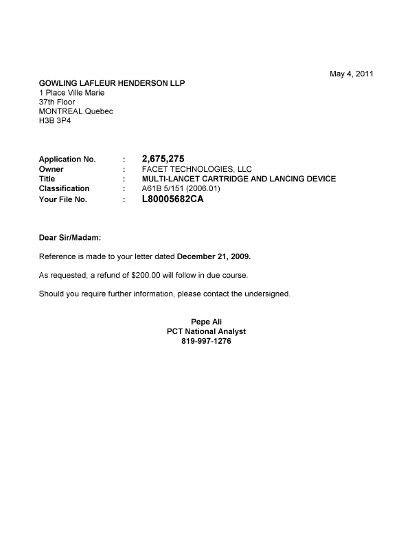Canadian Patent Document 2675275. Correspondence 20101204. Image 1 of 1