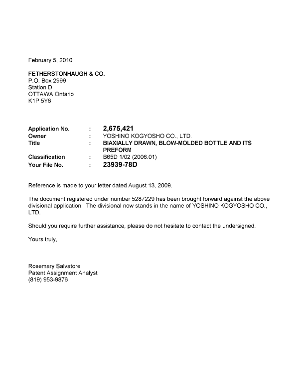 Document de brevet canadien 2675421. Correspondance 20100206. Image 1 de 1