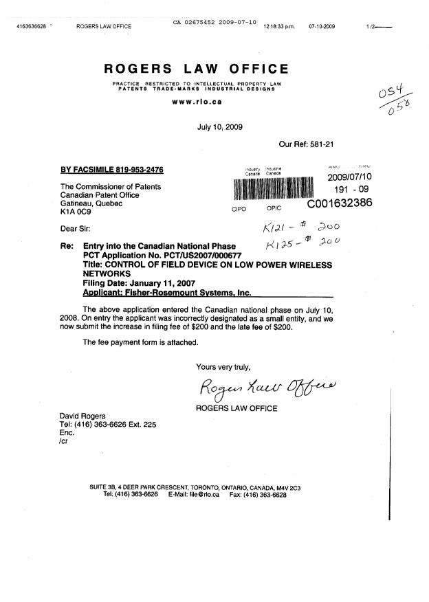 Document de brevet canadien 2675452. Correspondance 20090710. Image 1 de 1