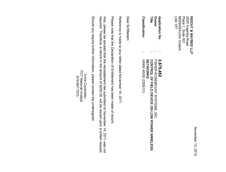 Canadian Patent Document 2675452. Correspondence 20131113. Image 1 of 1