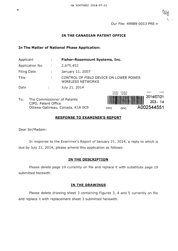 Canadian Patent Document 2675452. Prosecution-Amendment 20131221. Image 1 of 13