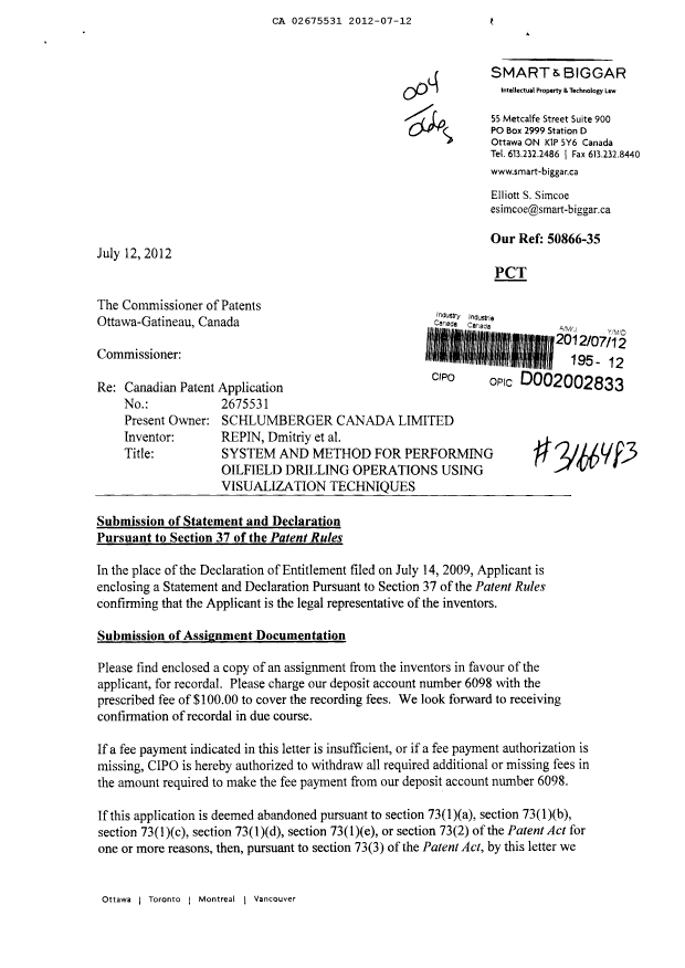 Canadian Patent Document 2675531. Correspondence 20120712. Image 1 of 3