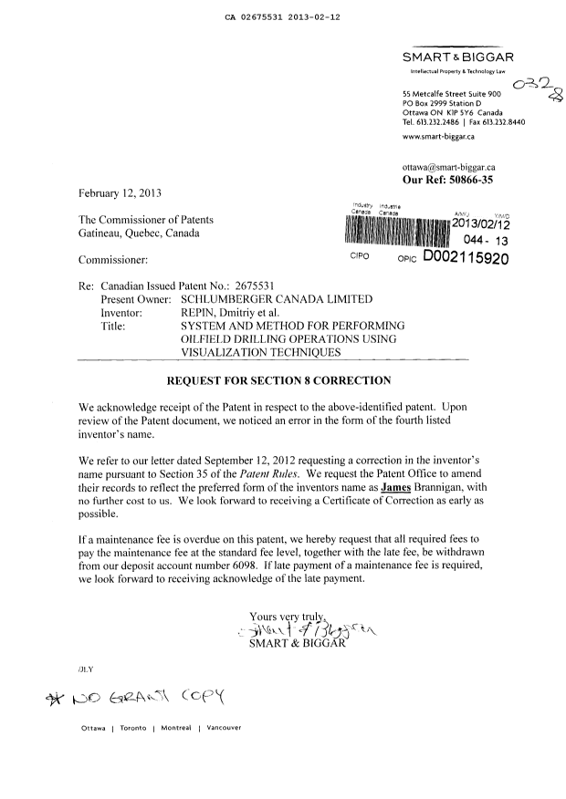 Document de brevet canadien 2675531. Correspondance 20130212. Image 1 de 1