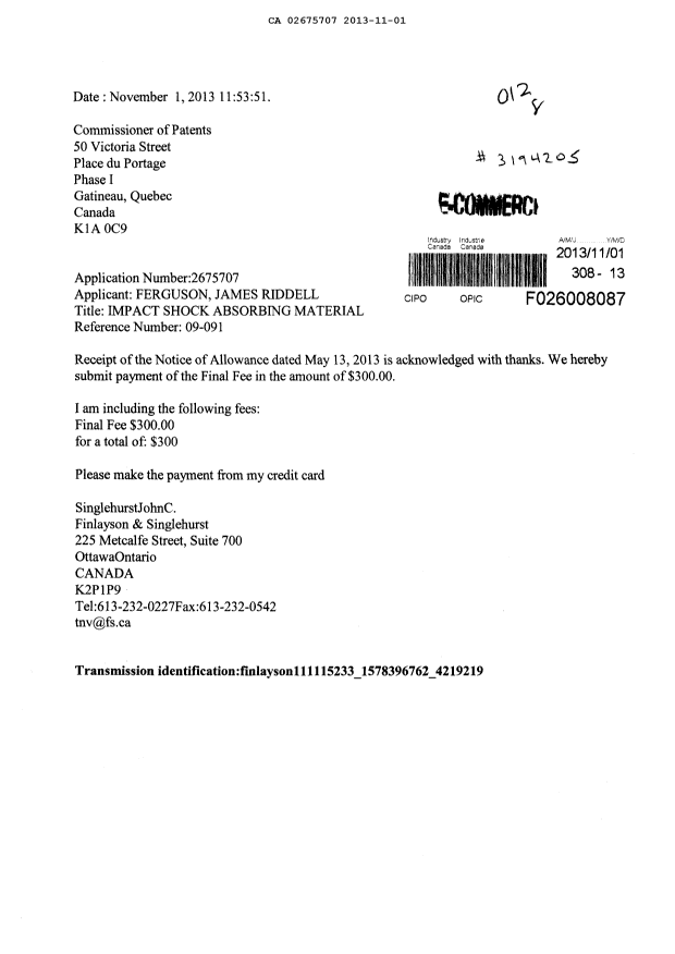 Canadian Patent Document 2675707. Correspondence 20121201. Image 1 of 1
