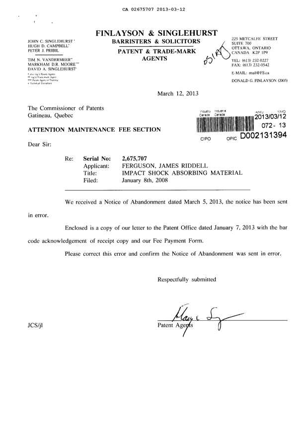 Canadian Patent Document 2675707. Correspondence 20121212. Image 1 of 3