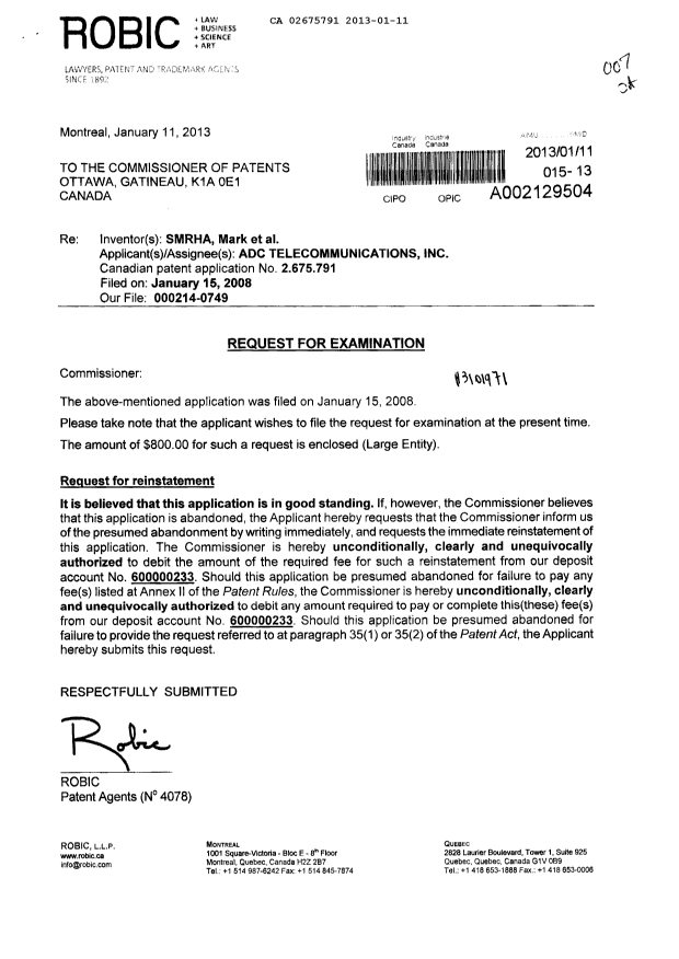Document de brevet canadien 2675791. Poursuite-Amendment 20121211. Image 1 de 2