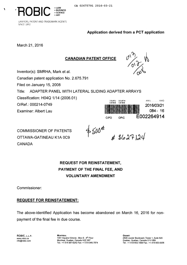 Canadian Patent Document 2675791. Correspondence 20151221. Image 1 of 4