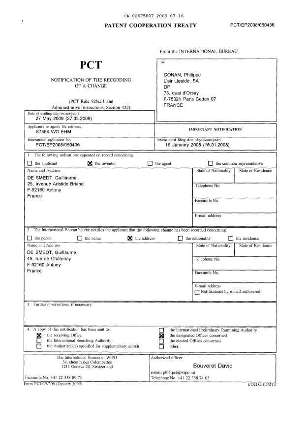 Document de brevet canadien 2675807. PCT 20090716. Image 1 de 5