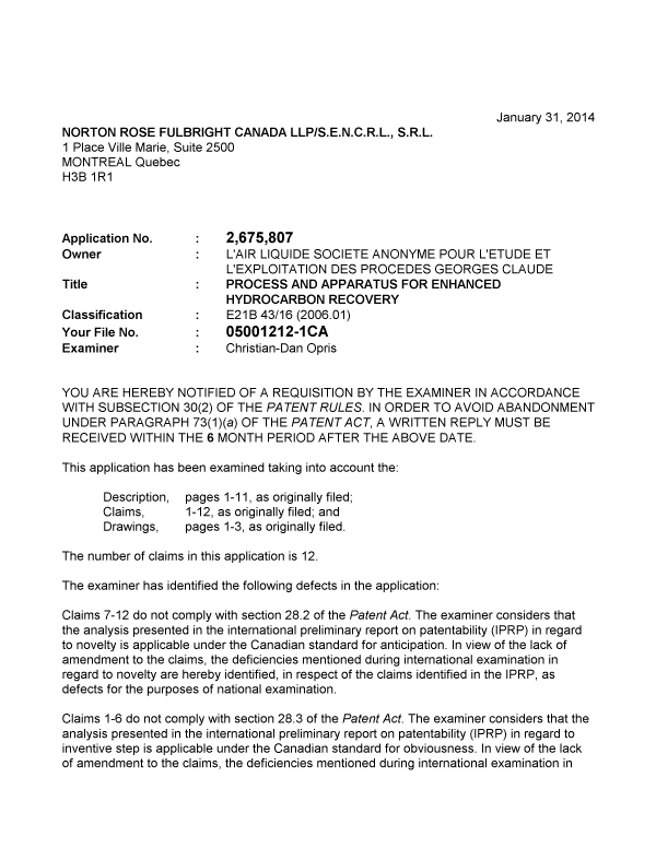 Canadian Patent Document 2675807. Prosecution-Amendment 20140131. Image 1 of 2