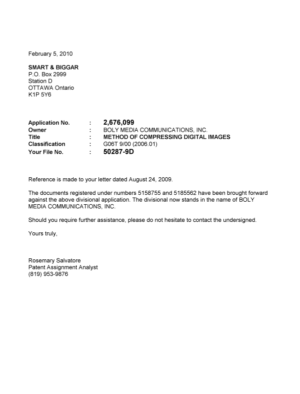 Document de brevet canadien 2676099. Correspondance 20100205. Image 1 de 1