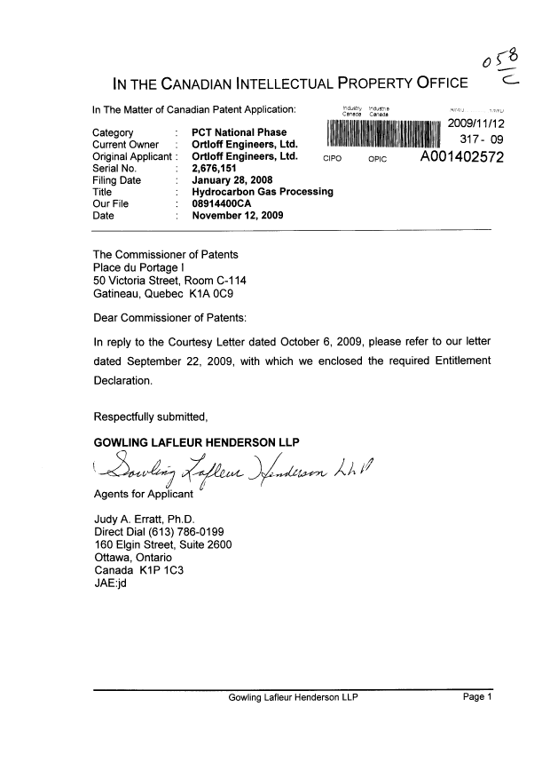 Canadian Patent Document 2676151. Correspondence 20091112. Image 1 of 1