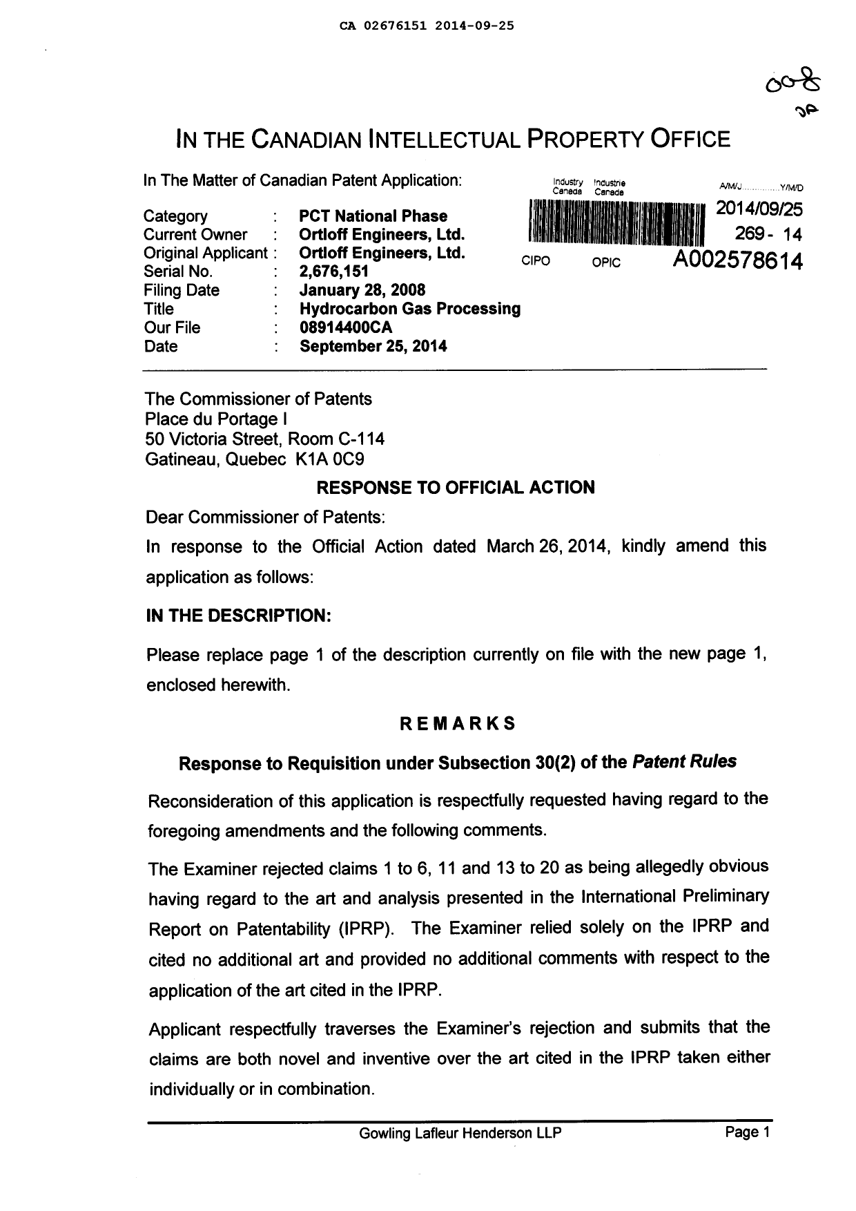 Canadian Patent Document 2676151. Prosecution-Amendment 20140925. Image 1 of 13
