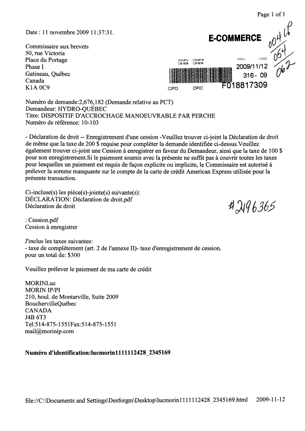 Document de brevet canadien 2676182. Correspondance 20091112. Image 1 de 2