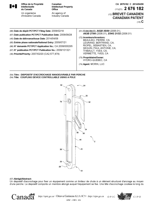 Canadian Patent Document 2676182. Cover Page 20140312. Image 1 of 2