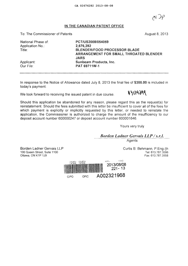 Document de brevet canadien 2676282. Correspondance 20130808. Image 1 de 1
