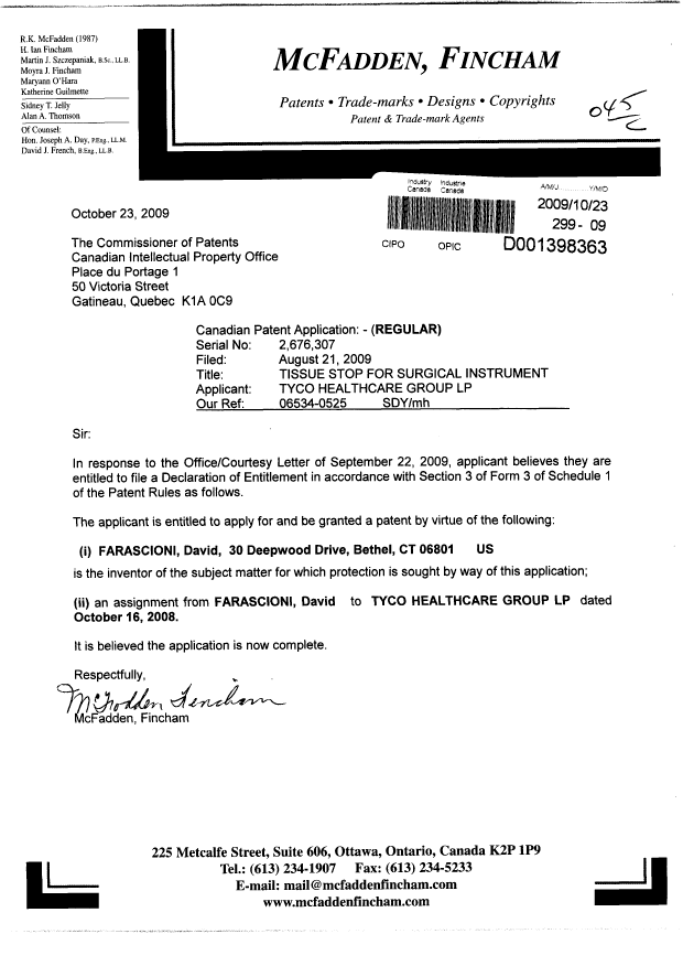 Document de brevet canadien 2676307. Correspondance 20091023. Image 1 de 1