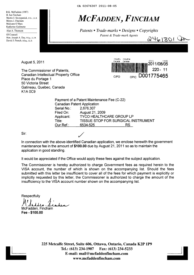 Document de brevet canadien 2676307. Taxes 20110805. Image 1 de 1