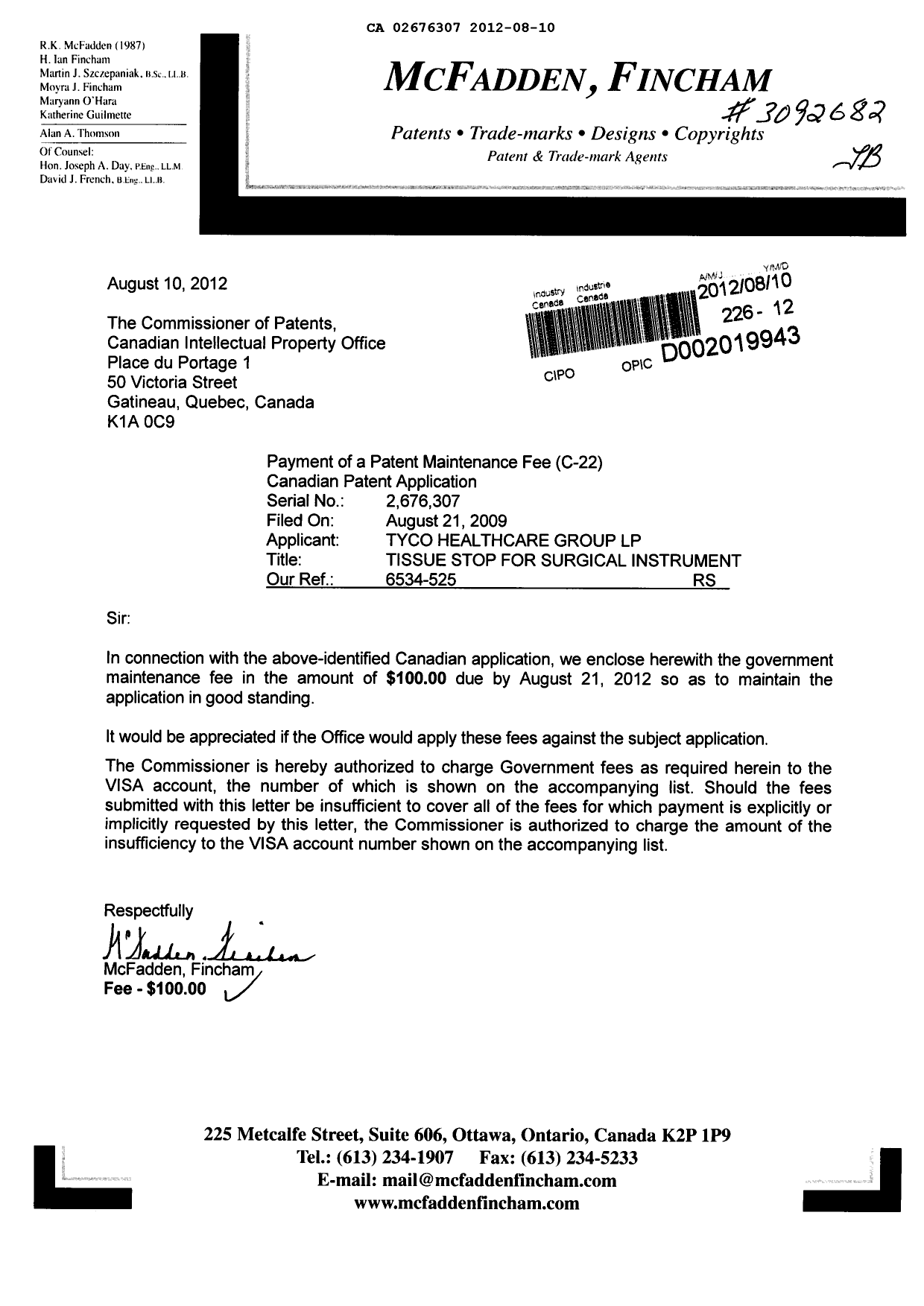Document de brevet canadien 2676307. Taxes 20120810. Image 1 de 1
