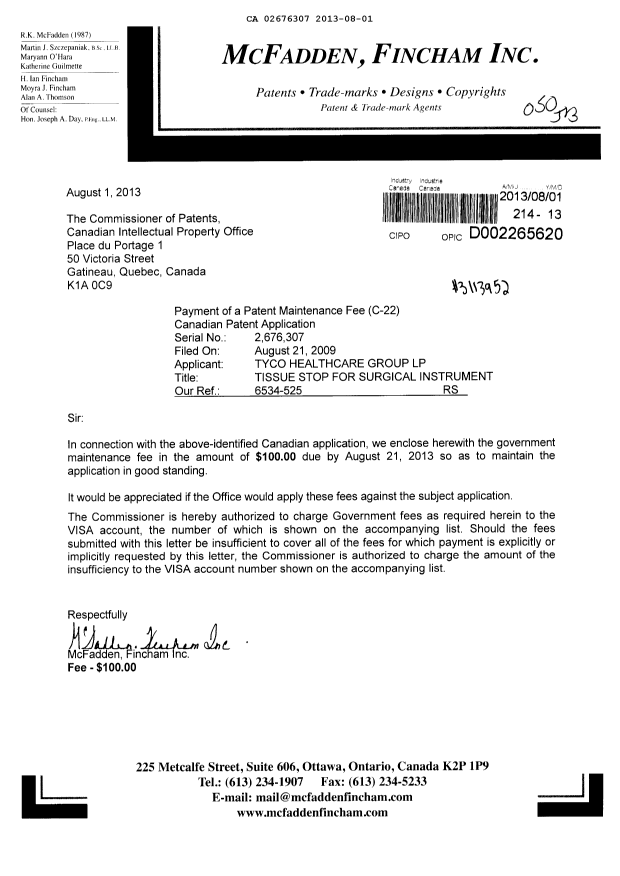 Document de brevet canadien 2676307. Taxes 20130801. Image 1 de 1