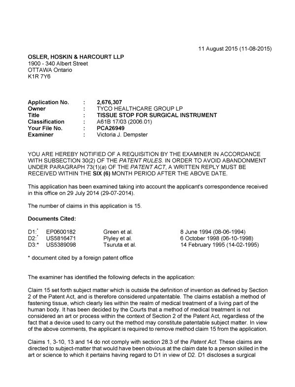 Document de brevet canadien 2676307. Demande d'examen 20150811. Image 1 de 5