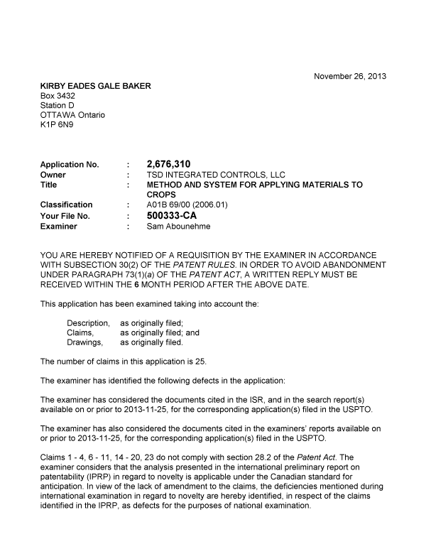 Canadian Patent Document 2676310. Prosecution-Amendment 20131126. Image 1 of 2