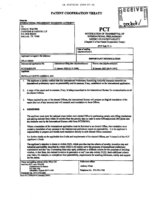 Canadian Patent Document 2676330. PCT 20090714. Image 1 of 16