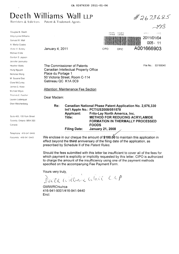 Document de brevet canadien 2676330. Taxes 20110104. Image 1 de 1