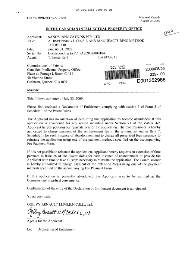 Canadian Patent Document 2676365. Correspondence 20090825. Image 1 of 2