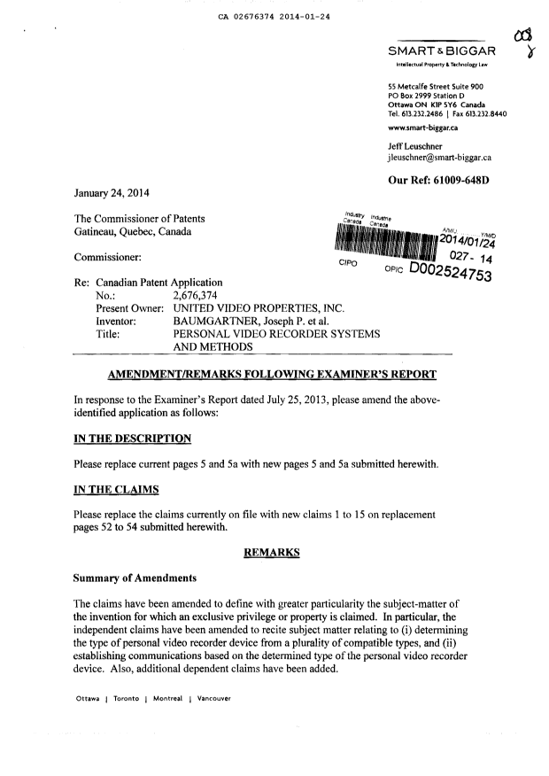Canadian Patent Document 2676374. Prosecution-Amendment 20140124. Image 1 of 8