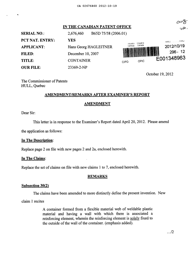 Canadian Patent Document 2676460. Prosecution-Amendment 20121019. Image 1 of 6