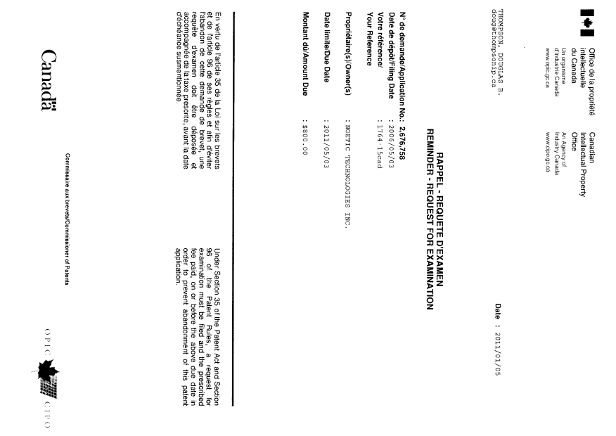 Canadian Patent Document 2676758. Correspondence 20101205. Image 1 of 1