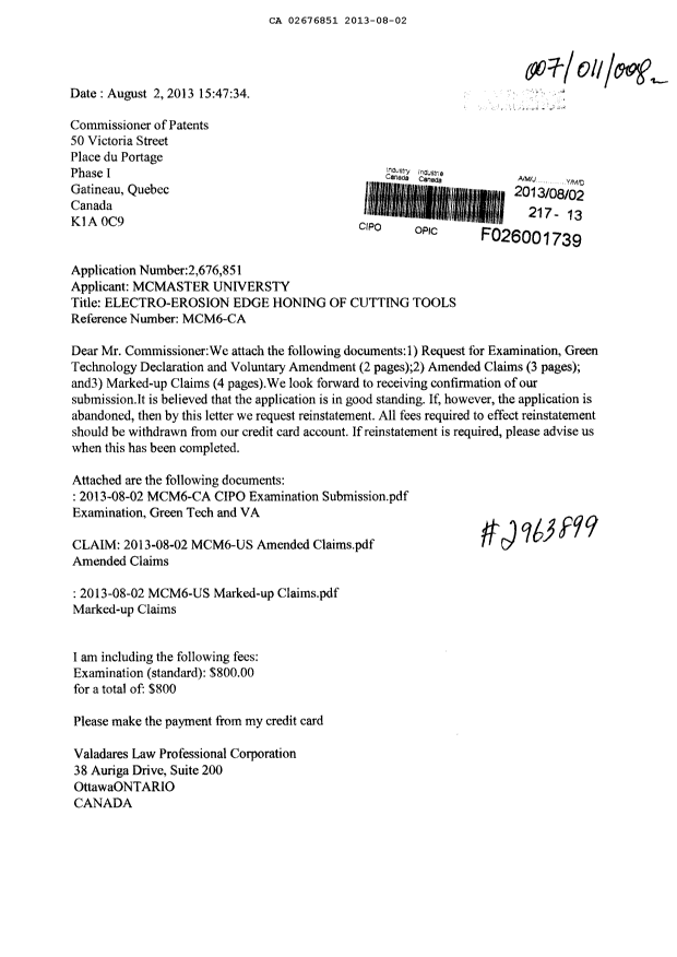 Document de brevet canadien 2676851. Poursuite-Amendment 20121202. Image 1 de 10