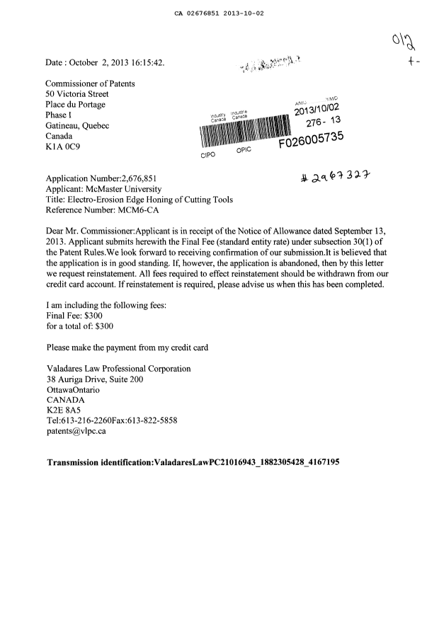 Canadian Patent Document 2676851. Correspondence 20121202. Image 1 of 1