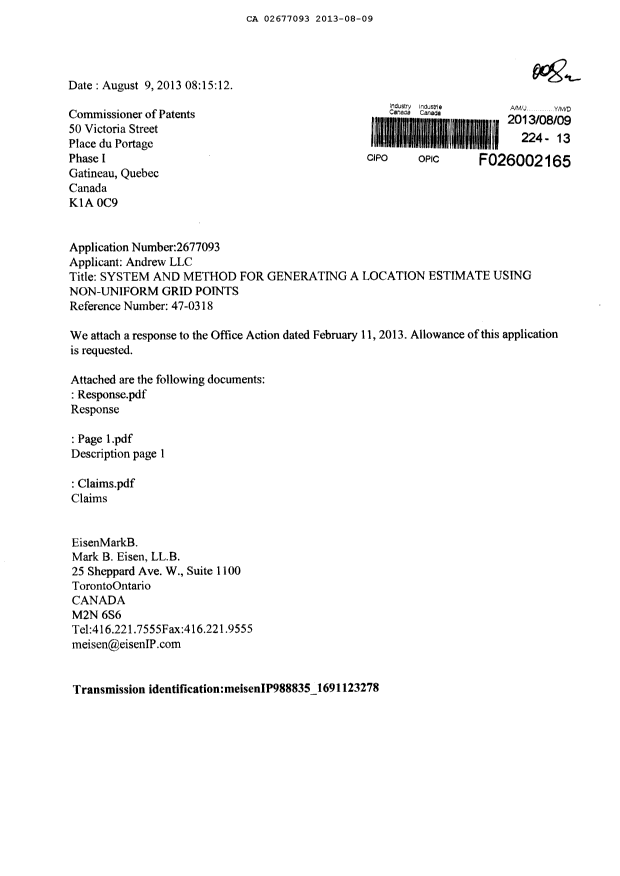 Document de brevet canadien 2677093. Poursuite-Amendment 20130809. Image 1 de 25