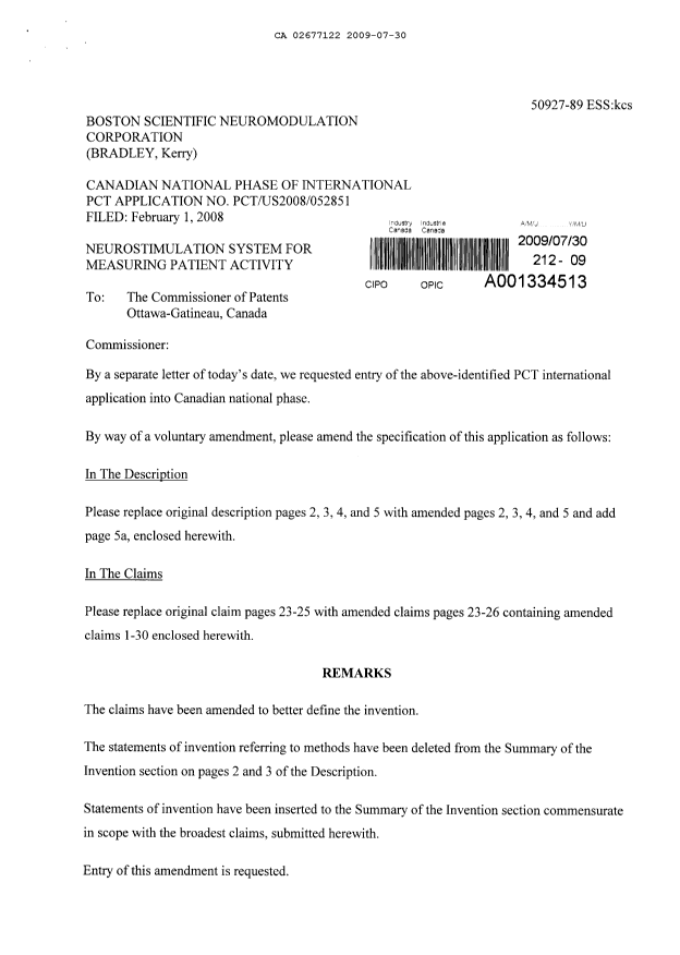 Document de brevet canadien 2677122. Poursuite-Amendment 20090730. Image 1 de 11