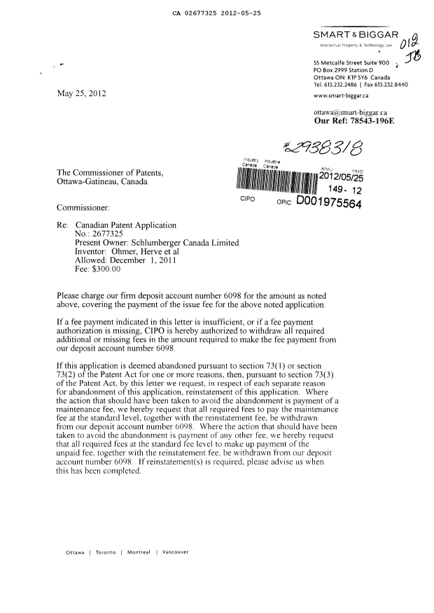 Canadian Patent Document 2677325. Correspondence 20111225. Image 1 of 2