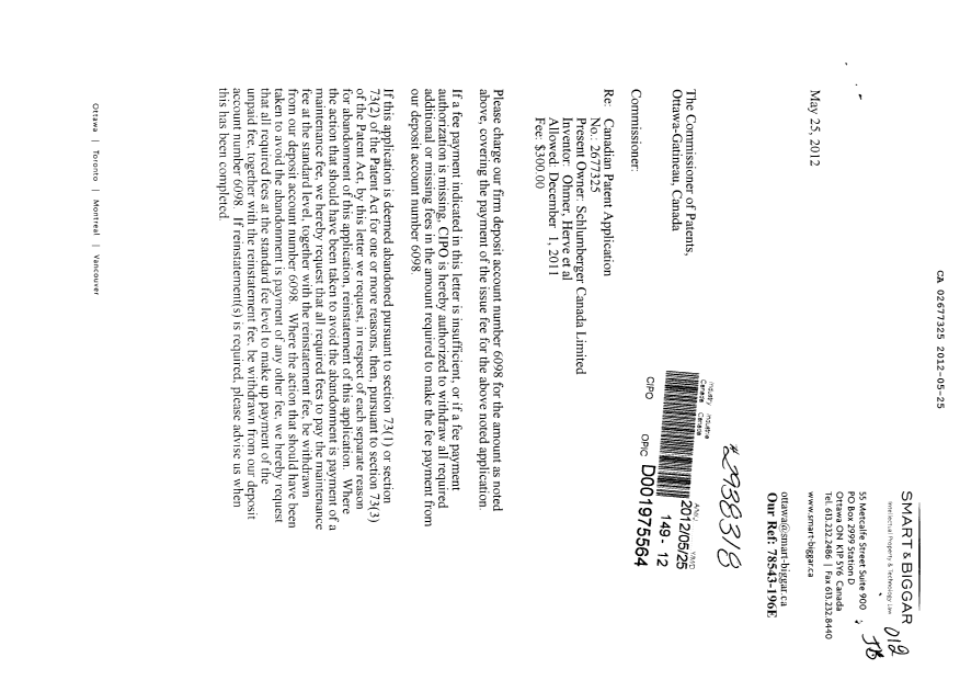 Document de brevet canadien 2677325. Correspondance 20120525. Image 1 de 2