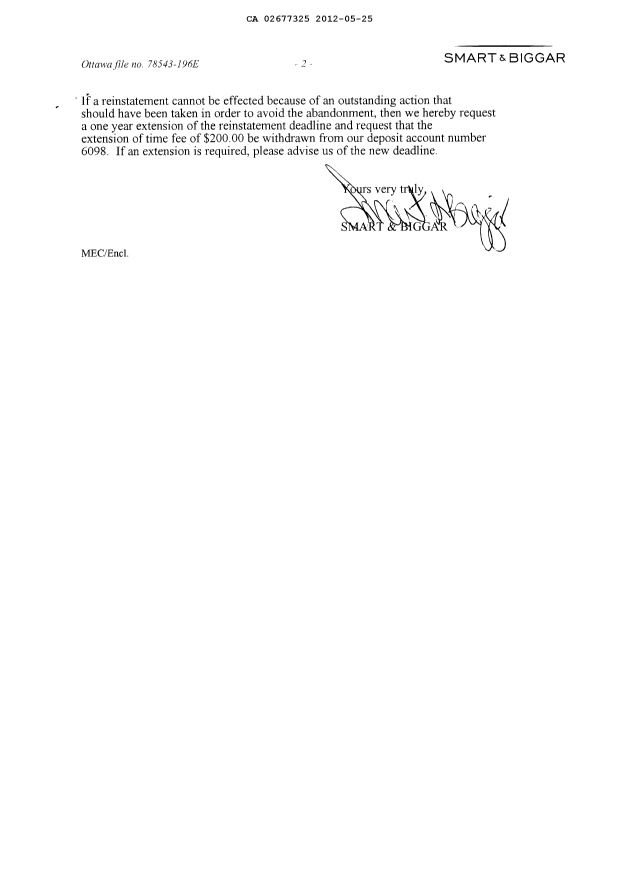Document de brevet canadien 2677325. Correspondance 20120525. Image 2 de 2