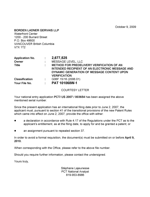 Canadian Patent Document 2677525. Correspondence 20081209. Image 1 of 1
