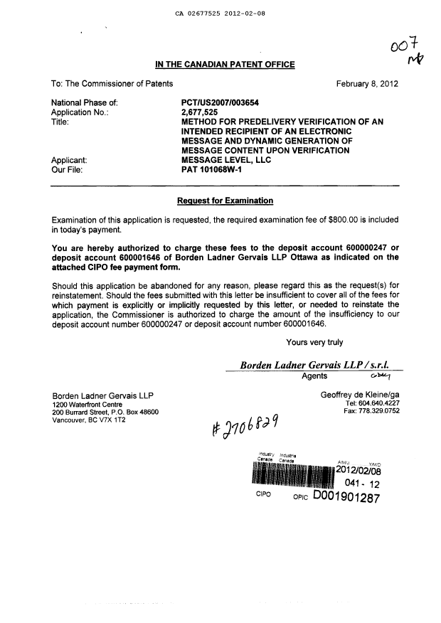 Canadian Patent Document 2677525. Prosecution-Amendment 20111208. Image 1 of 1