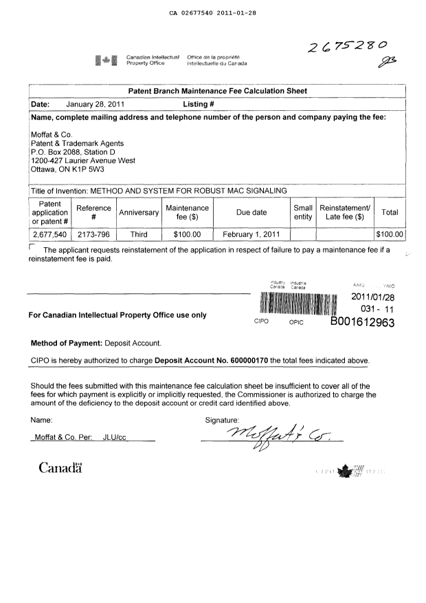 Canadian Patent Document 2677540. Fees 20110128. Image 1 of 1