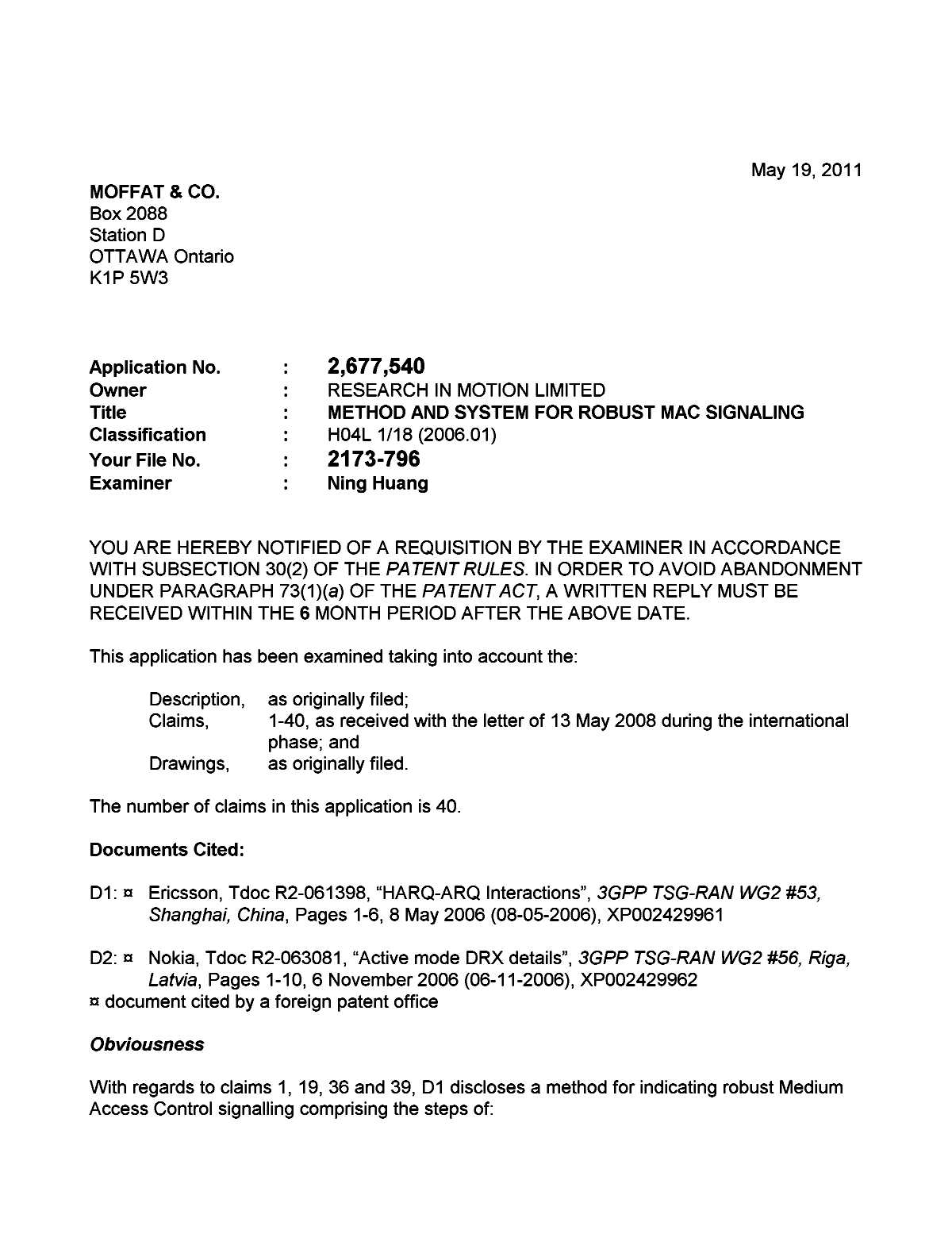 Canadian Patent Document 2677540. Prosecution-Amendment 20110519. Image 1 of 2