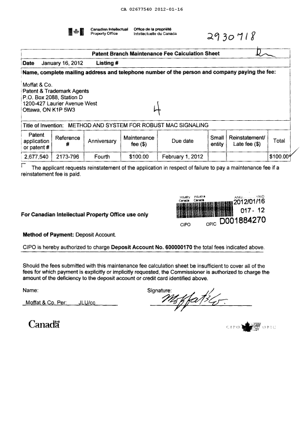 Canadian Patent Document 2677540. Fees 20120116. Image 1 of 1