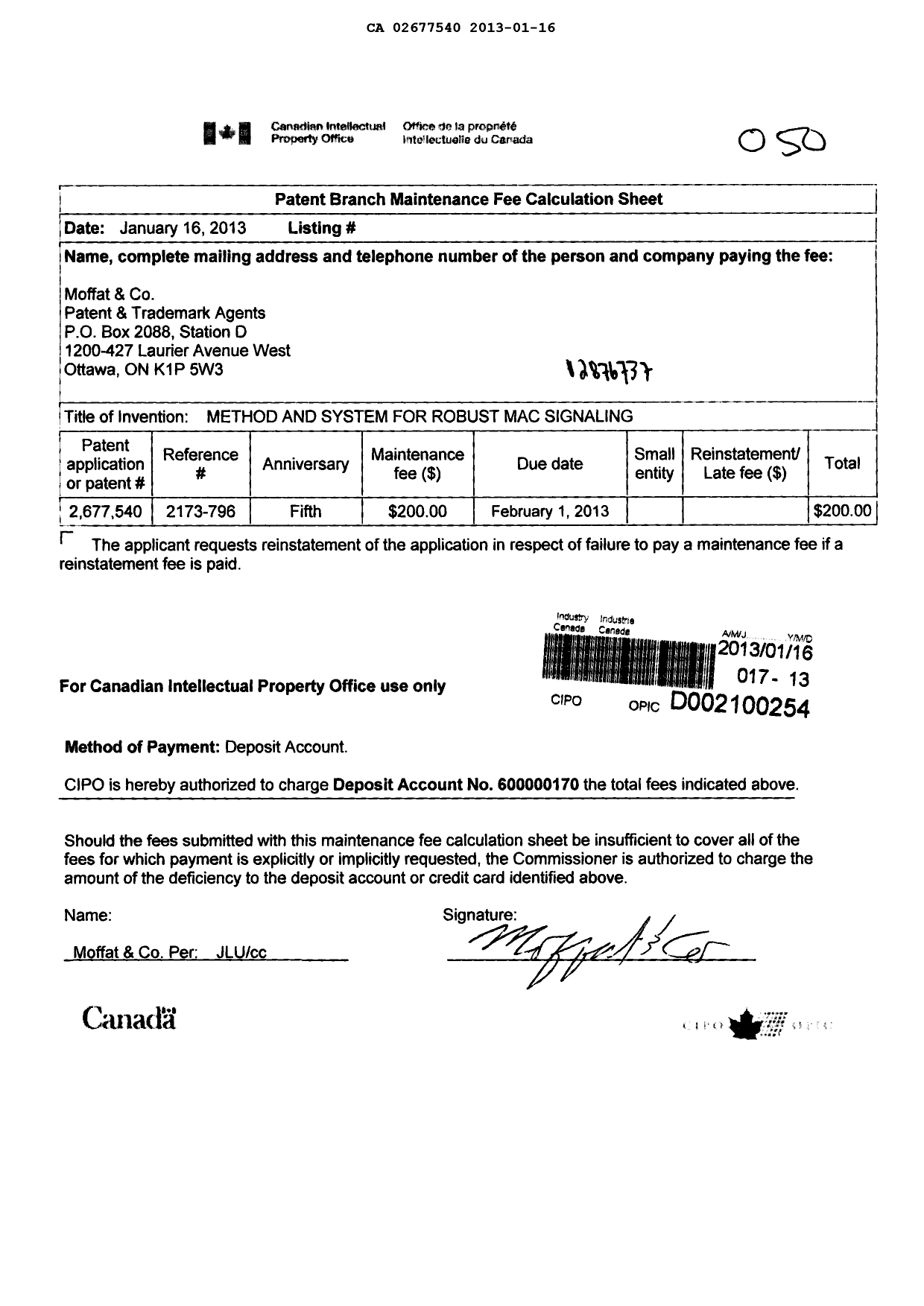 Document de brevet canadien 2677540. Taxes 20130116. Image 1 de 1
