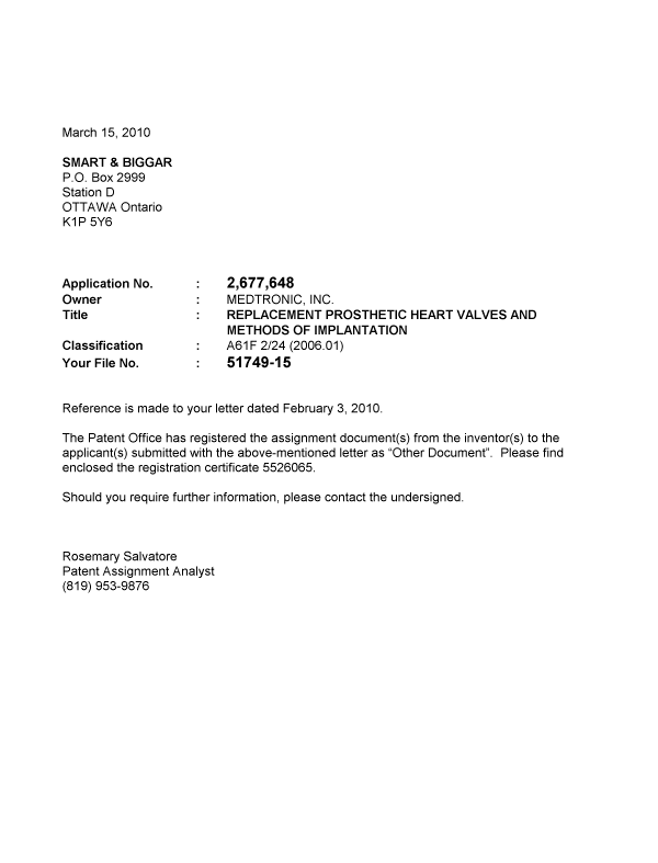 Canadian Patent Document 2677648. Correspondence 20091215. Image 1 of 1