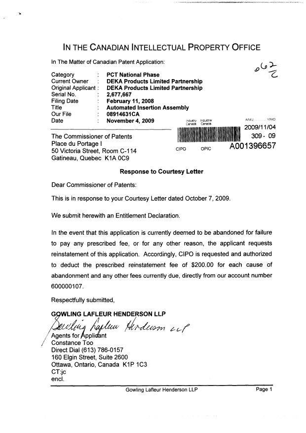 Canadian Patent Document 2677667. Correspondence 20091104. Image 1 of 2