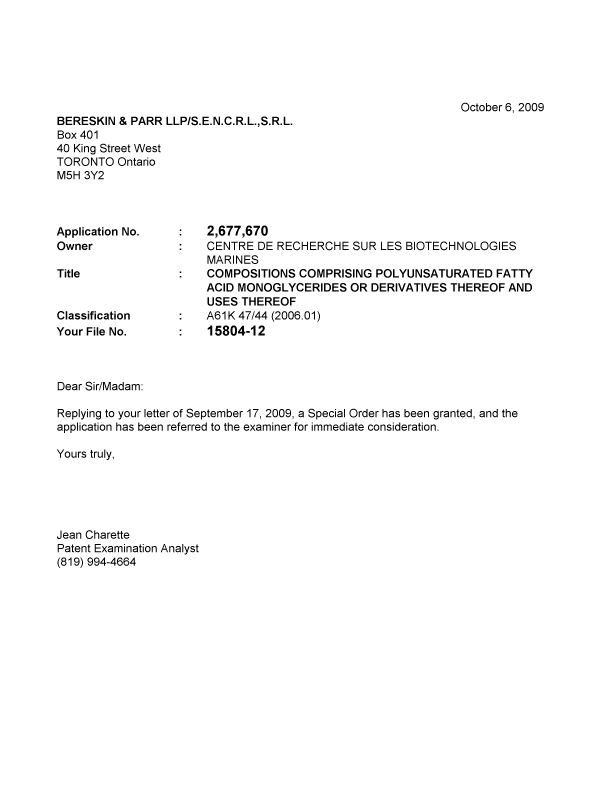 Canadian Patent Document 2677670. Prosecution-Amendment 20091006. Image 1 of 1